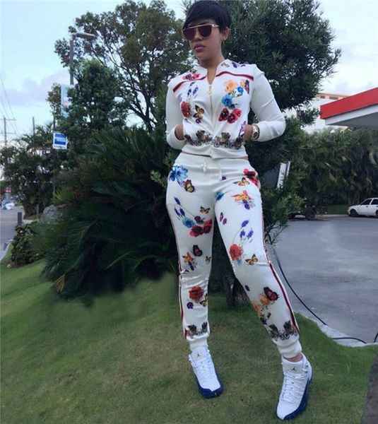 

Print Flowers Women Designer Tracksuit White Crew Neck 2pcs Suits Clothing Fashion Long Sleeve With Zipper Tracksuits