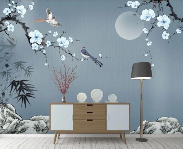 estilo novo chinês flor azul 3d papéis de parede de pedra bambu folha de ameixa Fundo da flor da decoração da parede pintura pintados à mão