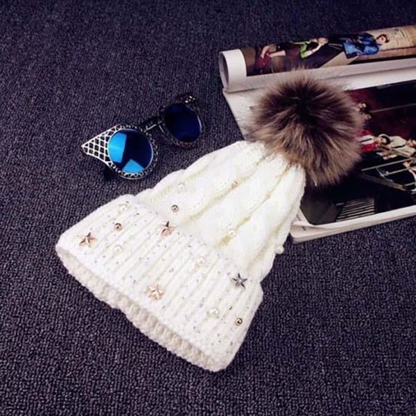 

ski cap portable cotton knitted woolly warm outdoor hat crochet beanie faux fur ball sun visors earmuffs, Black;white