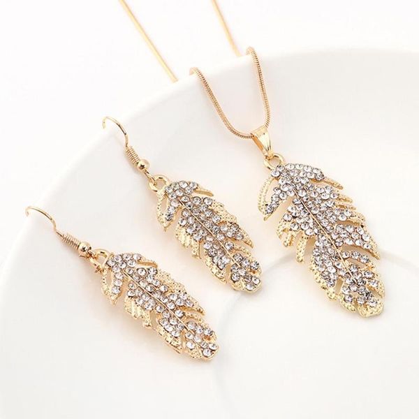 

women rhinestone inlaid long leaves pendant necklace hook earrings jewelry set, Silver