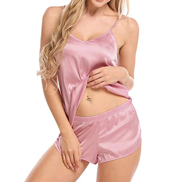 

newly 2 pcs womens sleepwear satin pajama cami set silk solid nightwear lingerie dod886, Black;red