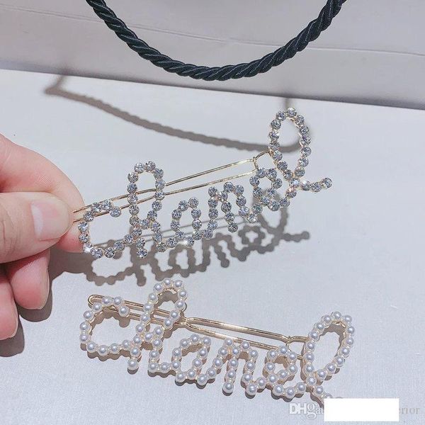 

womenpearl rhinestone letter luxury hair clip bling bling letter barrettes fashion hair accessories for gift party, Golden;silver