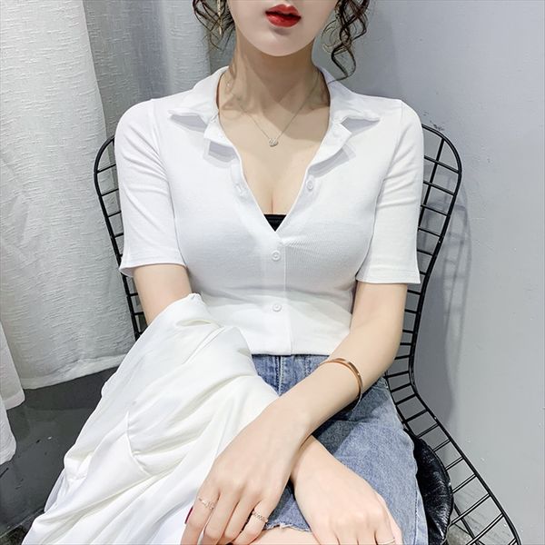 

летом жесткой половины рукав высокой талии короткий поло сексуальные ключицы верхней v-образный вырез футболки топ с коротким рукавом футбол, White