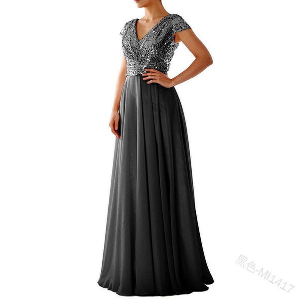 

2019 women summer vintage dresses party night elegant plus size sequined long dress, Black;gray
