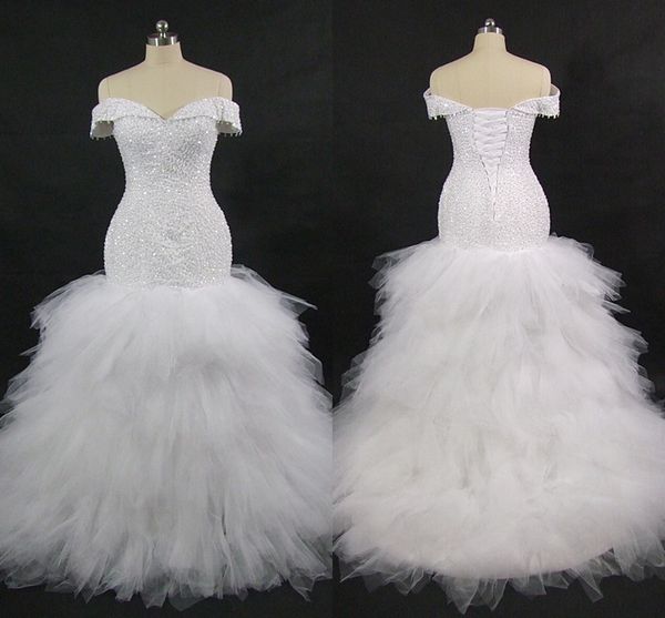 

modest crystal beads wedding dress real p mermaid tulle ruffles off shoulder with sleeves wedding dresses bridal gowns, White
