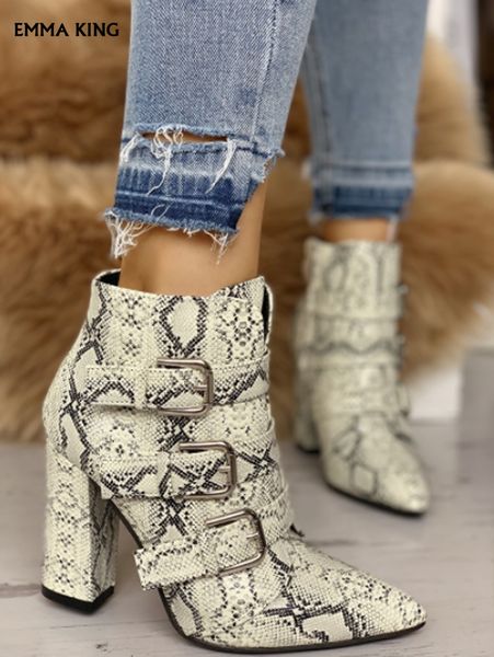 

2019 new snakeskin buckle pointed toe ankle boots women chunky heels high heel 10cm booties pretty heeled plus size botas mujer, Black