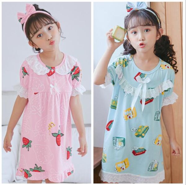 

90-170cm wear big girl new summer short sleeve cotton sleepwear dress cute print girl nightdress kids cloth homewear dress, Red;yellow