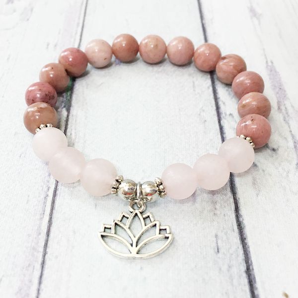 

mg0513 new design women`s chakra bracelet matte rose quartz rhodonite bracelet lotus yoga balance jewelry wholesale, Black