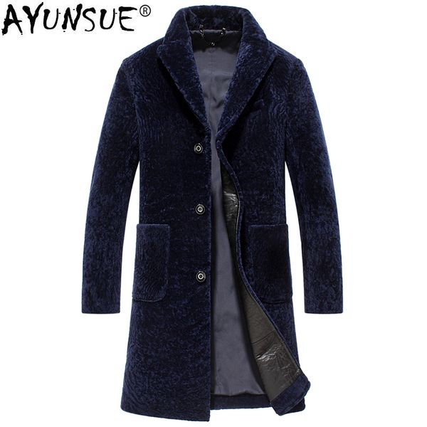 

ayunsue new sheep shearling jacket men natural wool fur coats long autumn winter real fur coat windbreaker suit collar kj1461, Black