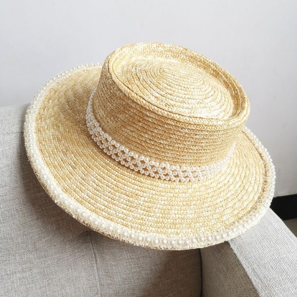 

mingyuan xiaoxiang elegant pearl wheat flat pearl straw straw hat female summer sunscreen beach hat hepburn wind, Blue;gray