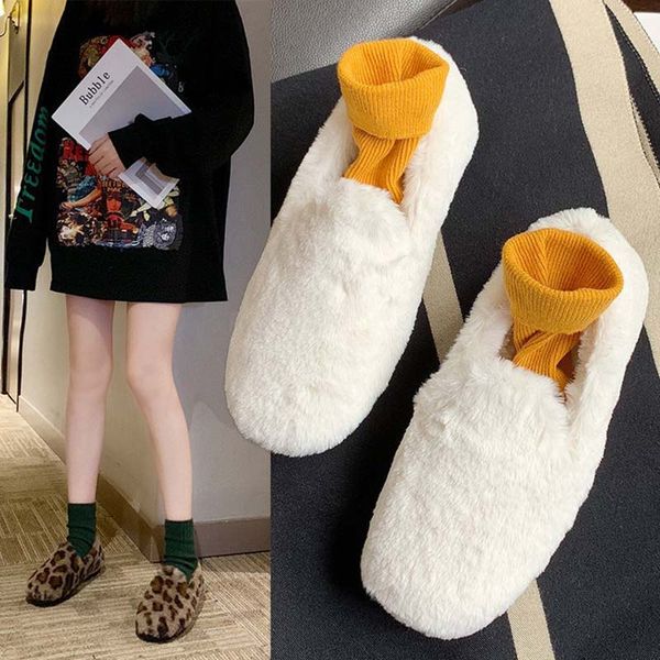 

winter home outdoor cotton shoes women fur warm home shoes indoor floor ladies plush comfortable flats zapatos de mujer, Black