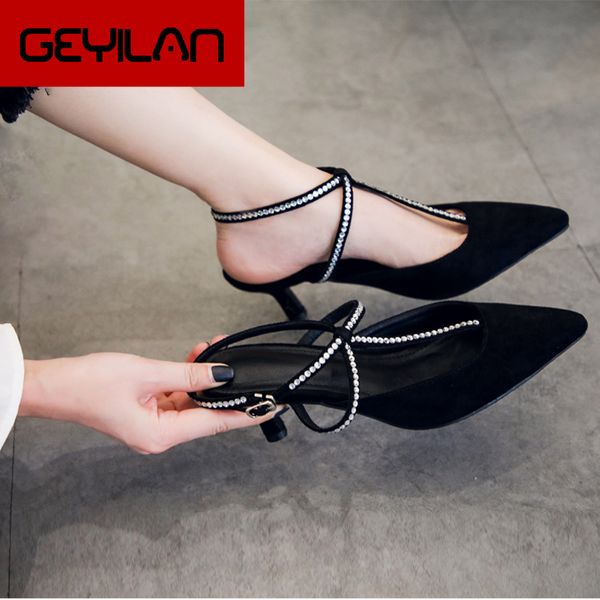 

crystal t-strap gladiator sandals women pointed toe suede thin heels summer shoes elegant ladies sandalias 289, Black