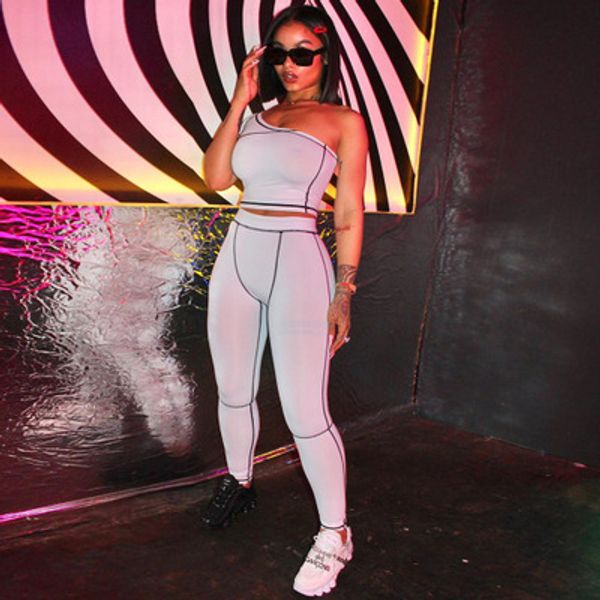 

women fashion suit yoga sports suits women one shoulder sportwear solid color two-pieces slim +pants designer sets ourdoorwear 2020 new, Gray