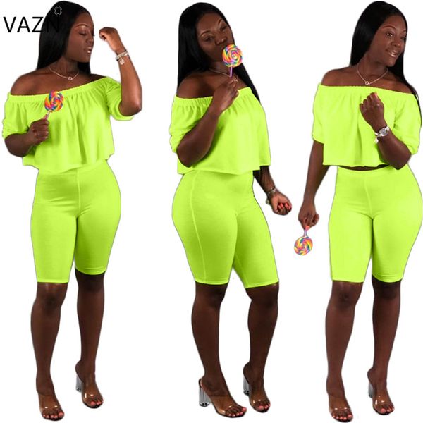 

vazn 2019 new casual women 2 piece solid slash neck half sleeve short pants tracksuits elasticity set lbxz6139, White