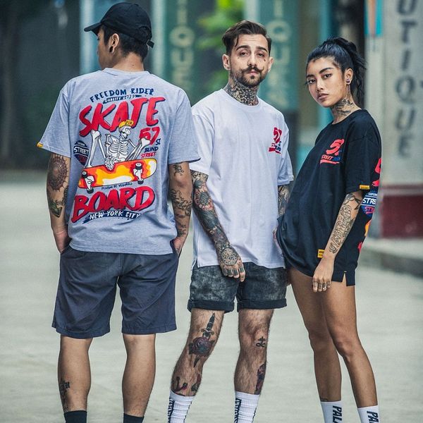 

european and american punk style men's t-shirt street personality skull print short sleeve, White;black