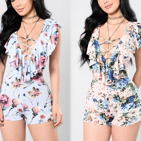 

2019 summer playsuits women jumpsuit short slim women romper deep v floral printed shivering rompers casual beach jumpsuit, Black;white