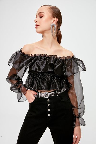

trendyol carmen collar organza blouse tprss20bz0002, White