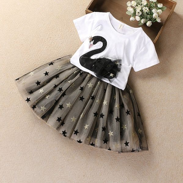 

kids designer clothes girls swan star tutu lace skirt 2pcs sets boutique children clothes sets summer kids clothing dhw3227, White