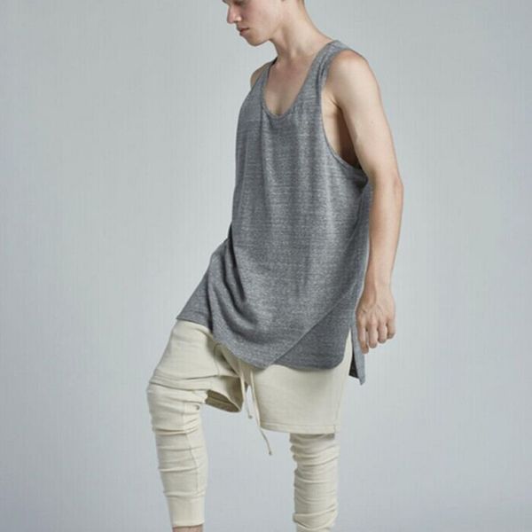 

2020 celebrity same style vest ins short front long back split cotton loose hip hop solid color sleeveless t-shirt male, White;black