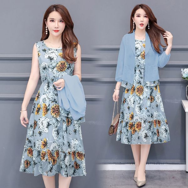 

big size 2 pieces sets women jacket cardigan floral chiffon dress set 2 pieces outfits beach summer sets boho plus size clothing, White