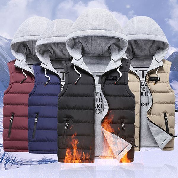 

men autum winter hooded solid outwear vest thick hooded coats jacket male cotton-padded work waistcoat gilet homme vest cloth, Black