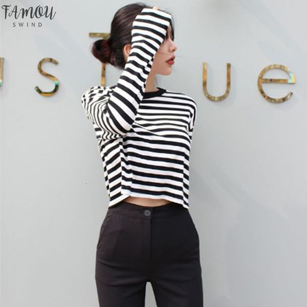 

autumn new simple casual black and white striped long sleeved short loose round neck t shirt fashion womens high quality