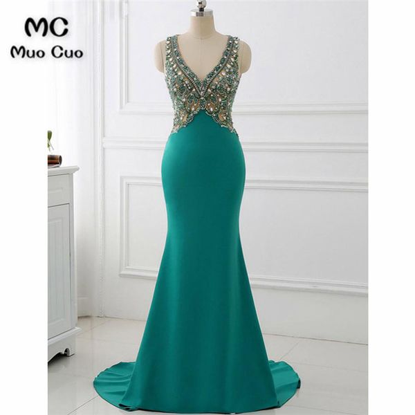 

2018 teal mermaid prom dresses long v-neck backless appliques beaded elastic satin formal evening party dress 100% real, White;black