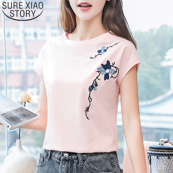 

women's blouses & shirts 2021 summer fashion women solid cotton loose shirt o-neck embroidered short sleeve tee camisetas feminina plu, White