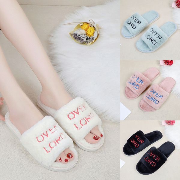 

women winter home slippers letter print non-slip slippers warm women shoes flat bottom open toe zapatos de mujer, Black