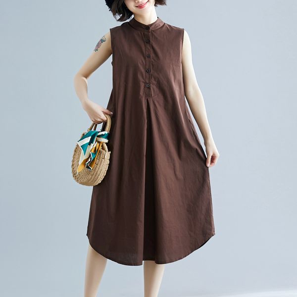 

johnature 2019 new casual a-line summer dress solid sleeveless pockets knee-length tank natural stand cotton women dress, Black;gray