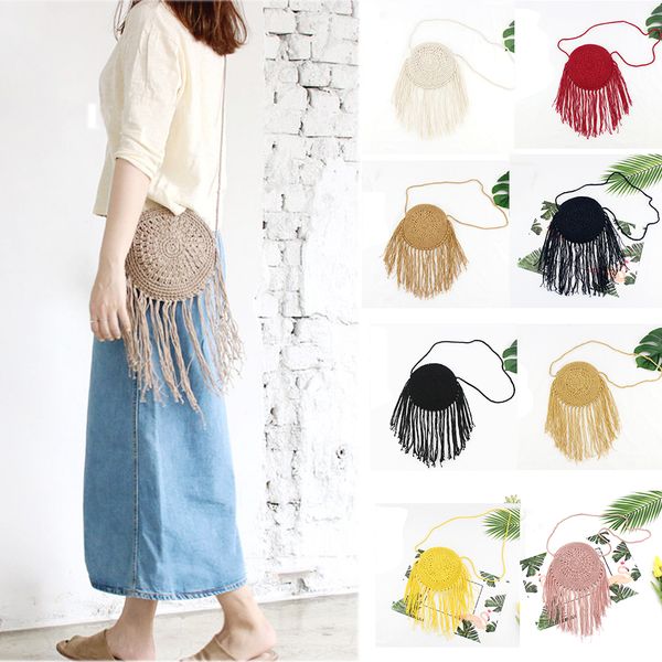 

fashion pretty women's summer handmade tassel weave circular bag cotton rope beach messenger shoulder crossbody bag bolsos mujer