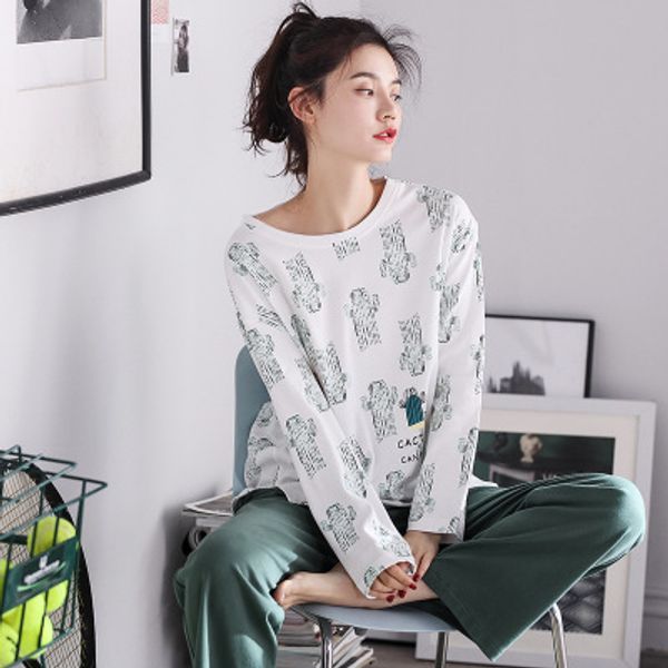 

2019 women pajamas sets summer long sleeve thin printed cute sleepwear big girl pijamas mujer casual student pajama, Blue;gray