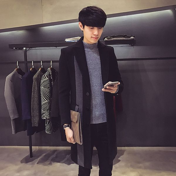 

turn down collar long mens coats 2018 winter solid single breasted wool blend coat and jacket fashion male coats, Black