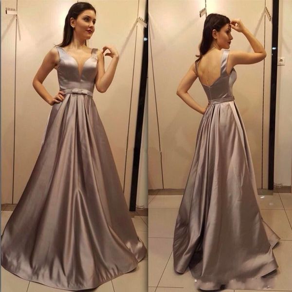 

Stunning Sexy Silver Prom Dresses 2019 Vestidos Festa A Line V Neck Sleeveless Open Back Floor Length Evening Gowns Vestidos Festa