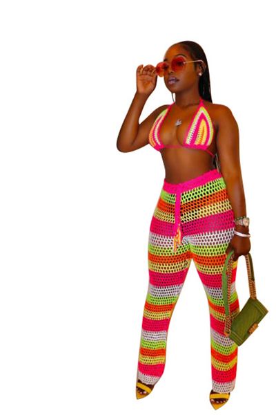 

womens striped grid bra 2pcs summer perspective multicolor two piece pants hollow out ladies sets, White