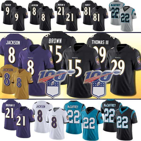 

8 lamar jack on jer ey raven 22 chri tian mccaffrey 21 mark ingram ll 29 earl thoma ju tin tucker 15 marqui e brown 81 hayden hur t, Black;red