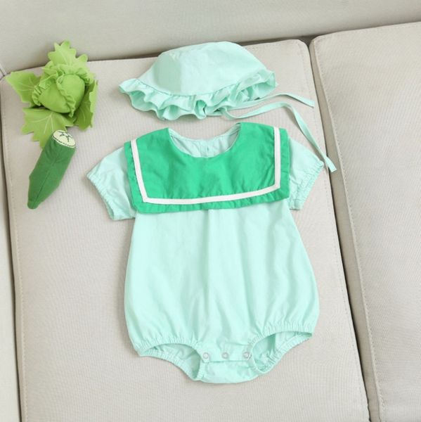 

baby girl clothes ins coton baby rompers hats 2pcs sets solid color toddler jumpsuits short sleeve infant outfits boutique clothing yw3464q, Blue