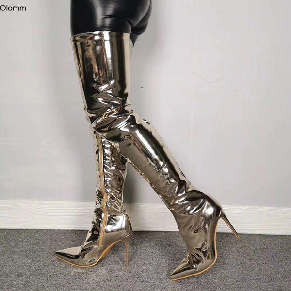 Rontic handgefertigte Damen-Oberschenkelhohe Stiefel, sexy Stiletto-Absatz-Stiefel, spitze Zehen, wunderschöne Champagner-Schuhe für Damen, Übergröße, US-Größe 5–15