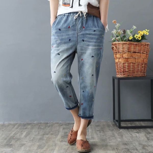 

rechte polka dot borduren vrouwen 3/4 broek, Blue