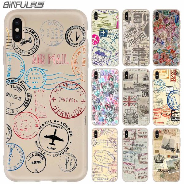 

retro post card passport stamps phone cases luxury silicone soft cover for iphone xi r 2019 x xs max xr 6 6s 7 8 plus 5 4s se coque