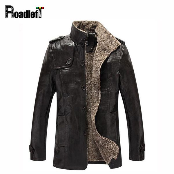 

men's winter fashion pu leather jacket fur inside solid warm windbreaker jackets men black plus velvet stand collar casual coat
