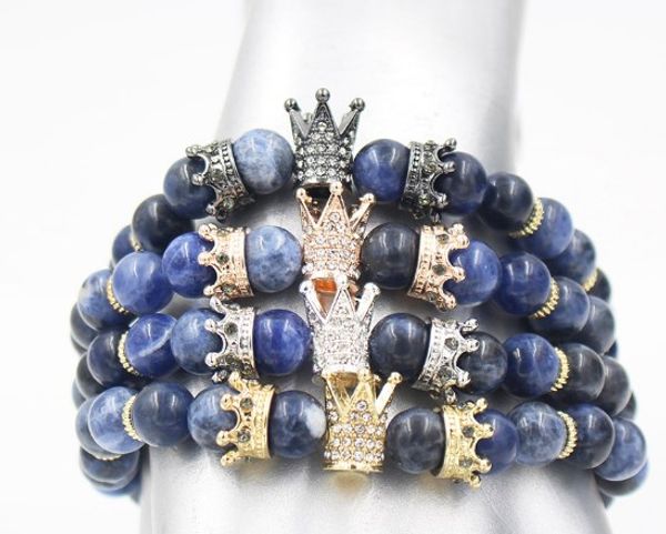 

8mm tg24 gold silver copper cz zircon cubic zirconia elastic adjusted charm reiki buddha nature stone crown bracelet, Black
