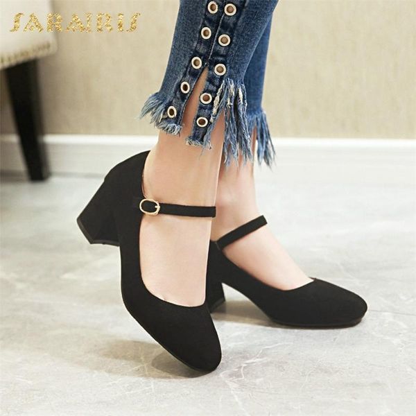 

sarairis new arrivals 2020 large size 45 thick heels concise shoes woman pumps female buckle strap dropship office lady pumps, Black