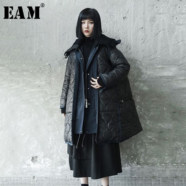 

eam] 2019 spring winter woman stylish new solid black color long sleeve hooded spliced fake 2 piece cotton-padded coat le876