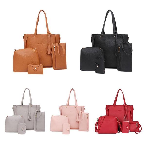 

4pcs/set litchi leather tassel women solid color crossbody tote shoulder messenger handbags clutch card holder bags bolso mujer