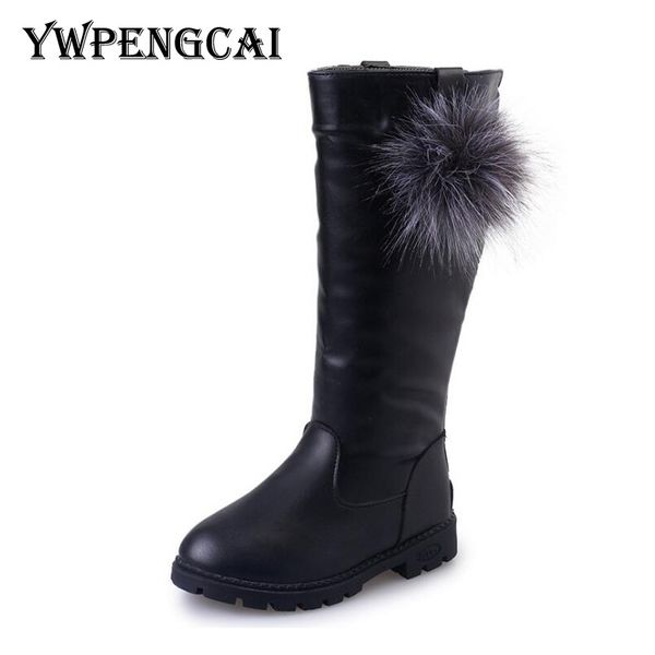 

size 27-37 autumn winer kids for girl knee high soft pu leather knigh with fur ball girls boots y200104, Black;grey