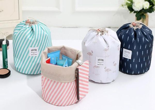

women cosmetic bag large capacity drawstring bag barrel shaped makeup bags flamingo flower print travel pouch oxford wash organizer, Black
