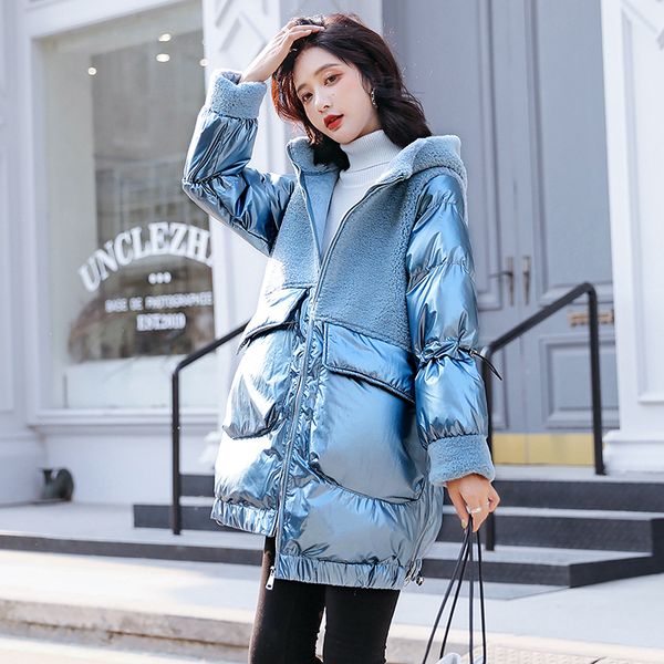 

glossy 2020 new winter jacket women warm hooded long coat shining fabric stylish female parka lambswool splice coat, Black