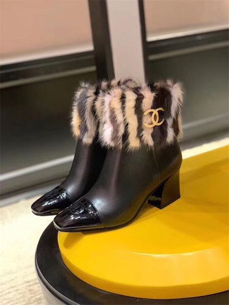 

autumn and winter new rabbit fur frosted leather womenss boots fashion high-heeled plus velvet thick middle boots womenss wild boots 03, Black