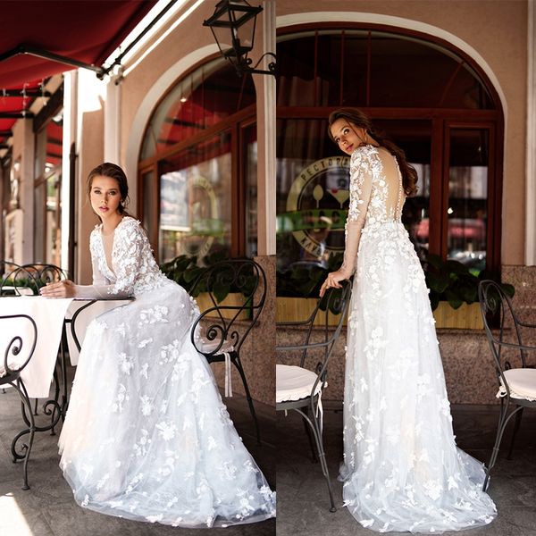 

elegent a line tanya grig bohemian dresses jewel neck long sleeve tulle lace applique button wedding gowns sweep train robe de mariÃ©e, White